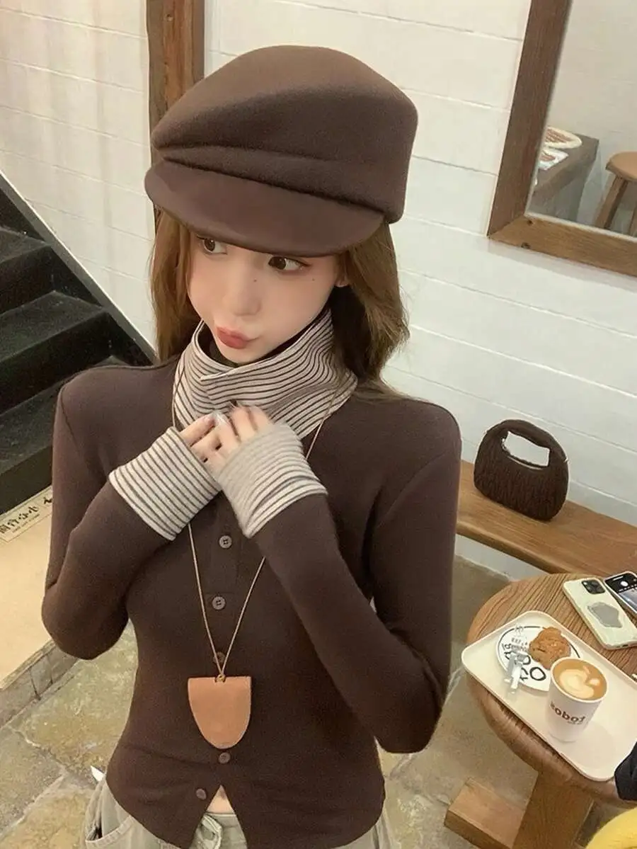 ストライプ パッチワーク フィット ブラウス 襟付き 長袖 Tシャツ