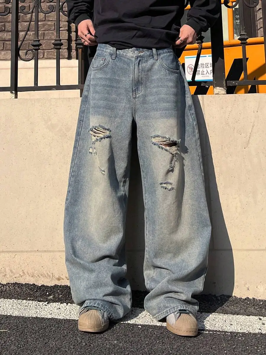 ダークブルー ヴィンテージ ウォッシュ ルーズフィット ワイドレッグ デニムジーンズ