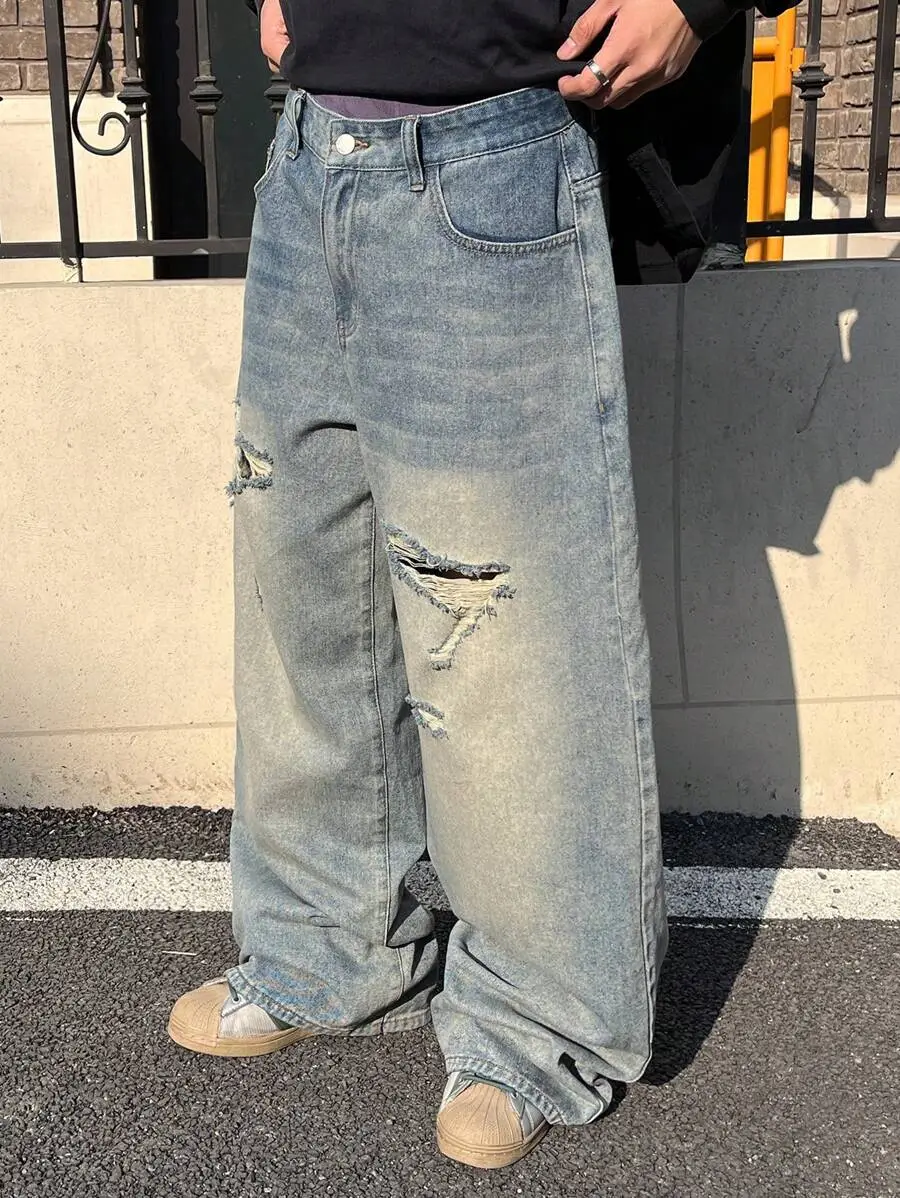 ダークブルー ヴィンテージ ウォッシュ ルーズフィット ワイドレッグ デニムジーンズ