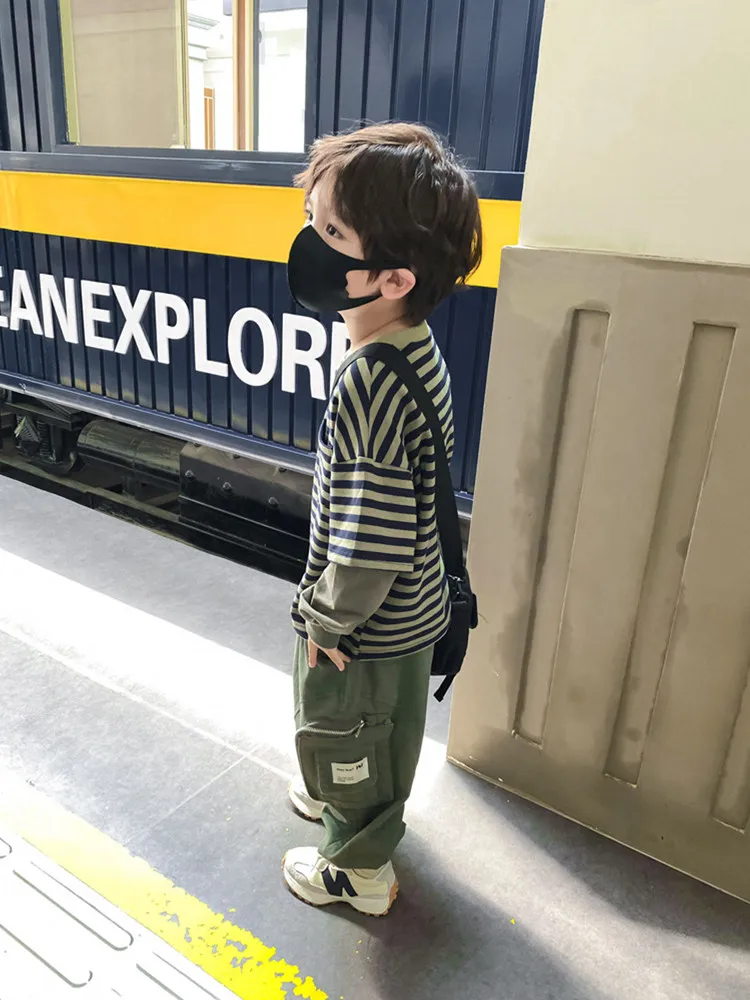 【80-120cm】よく売れる ボーダー柄 ルーズ フェイクレイヤード 長袖 Tシャツ