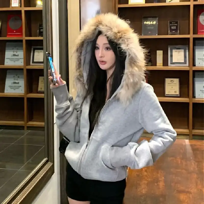 ジップアップパーカー フード付き フェイクファー ブラック グレー