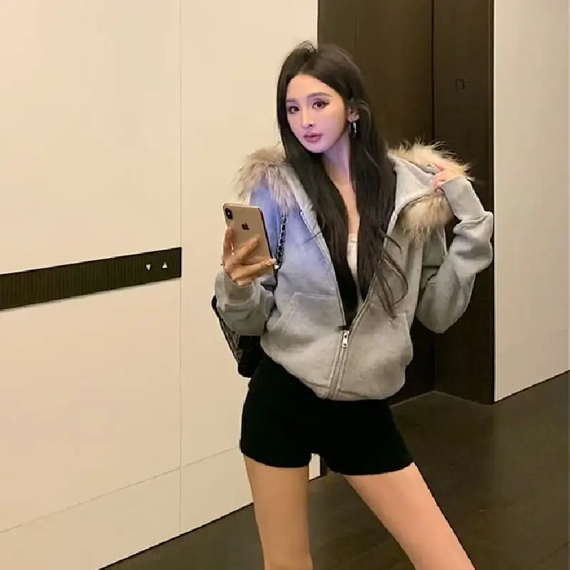 ジップアップパーカー フード付き フェイクファー ブラック グレー