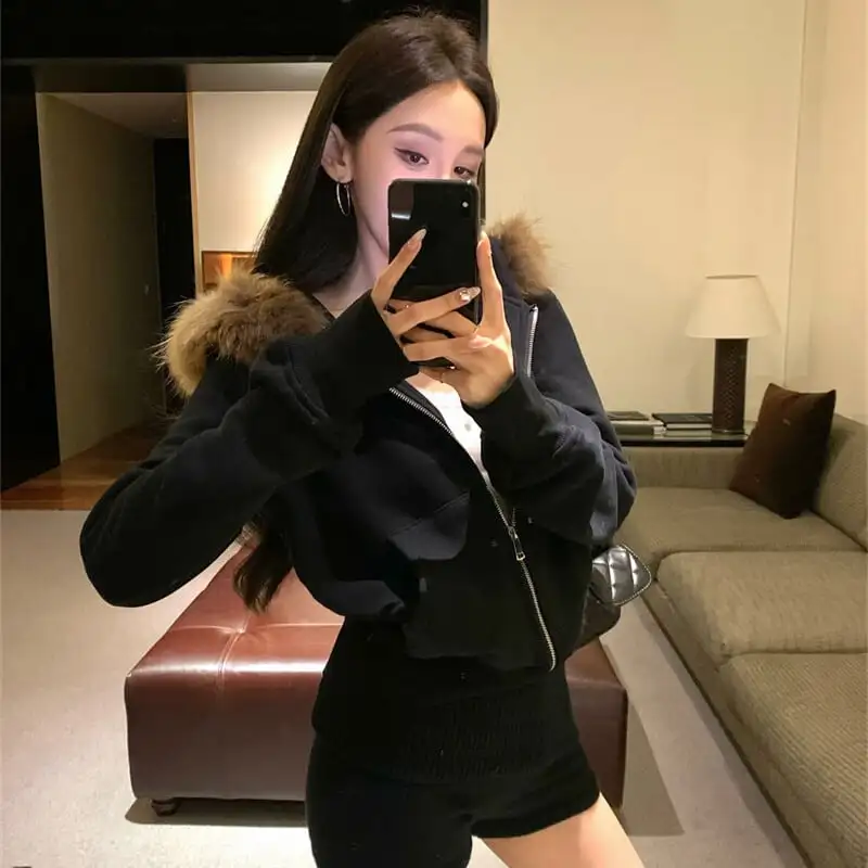 ジップアップパーカー フード付き フェイクファー ブラック グレー