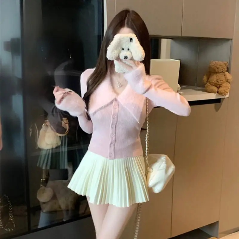 3colors トップス ニット 折り襟デザイン ウエストイン キャラメル色 グレー ピンク