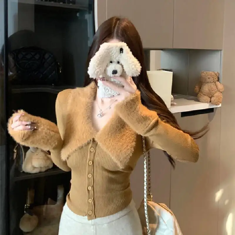 3colors トップス ニット 折り襟デザイン ウエストイン キャラメル色 グレー ピンク