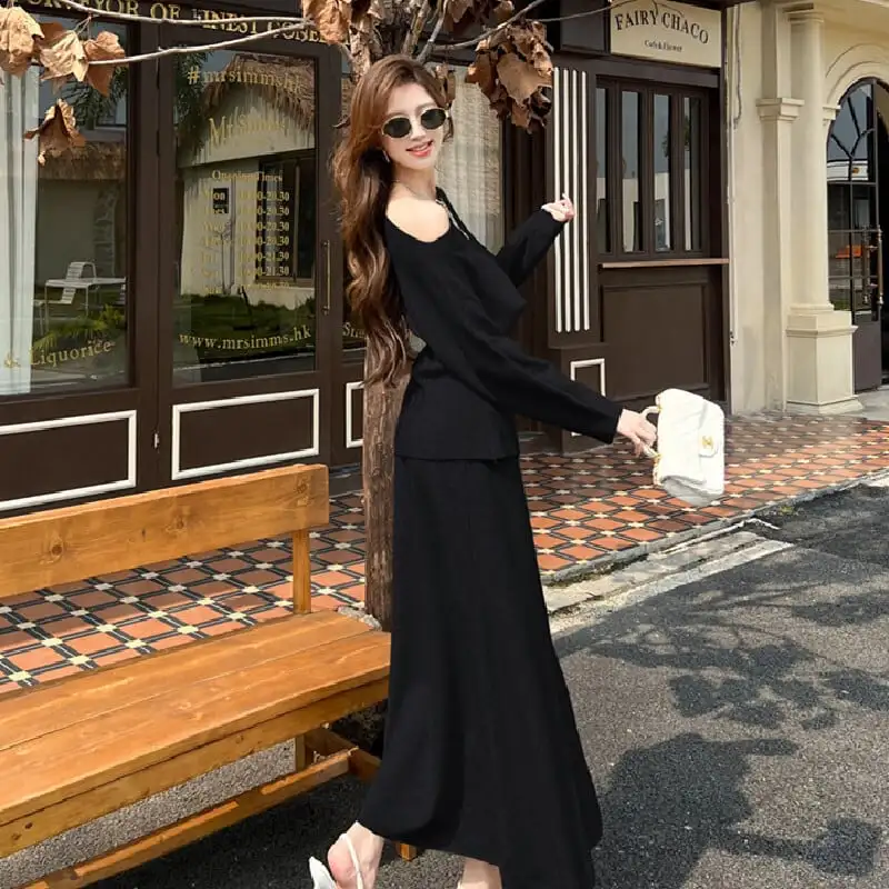 セットアップ ニット オフショルダー トップス+スカート ダークベージュ ブラック