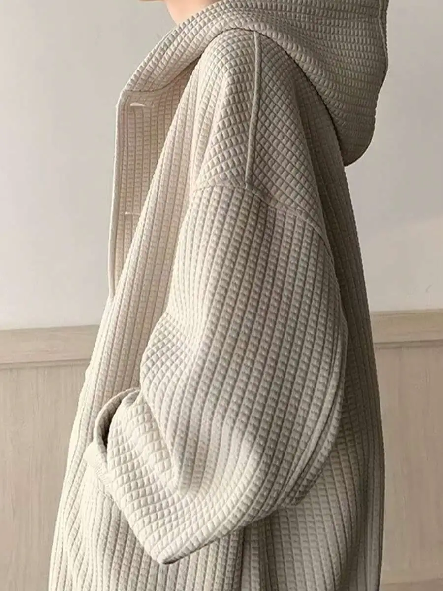 ワッフル編み フード カーディガン ルーズ トップス