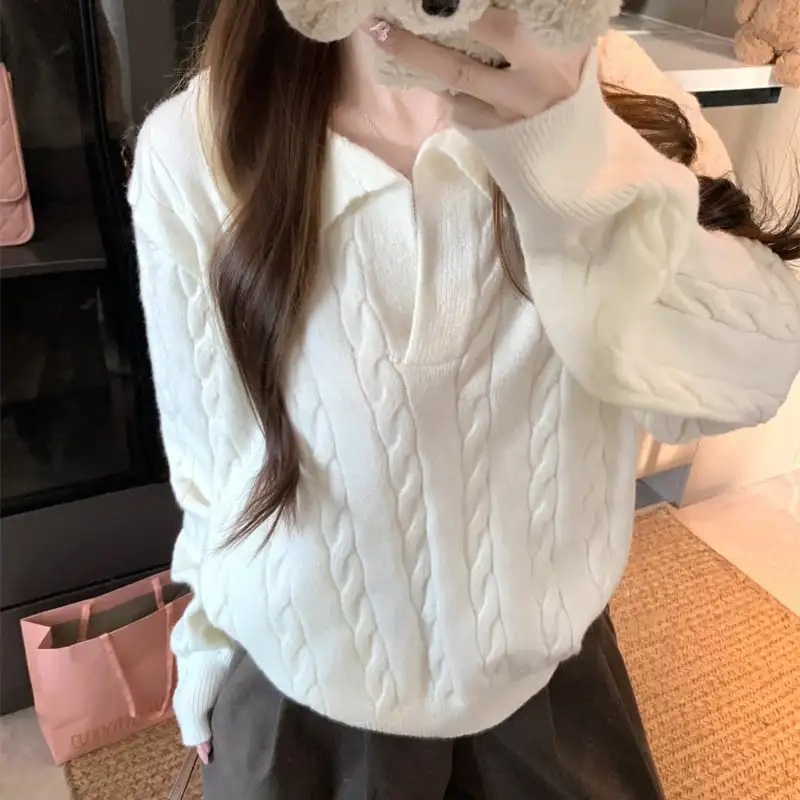 トップス セーター POLOネック ゆったり ケーブルニット