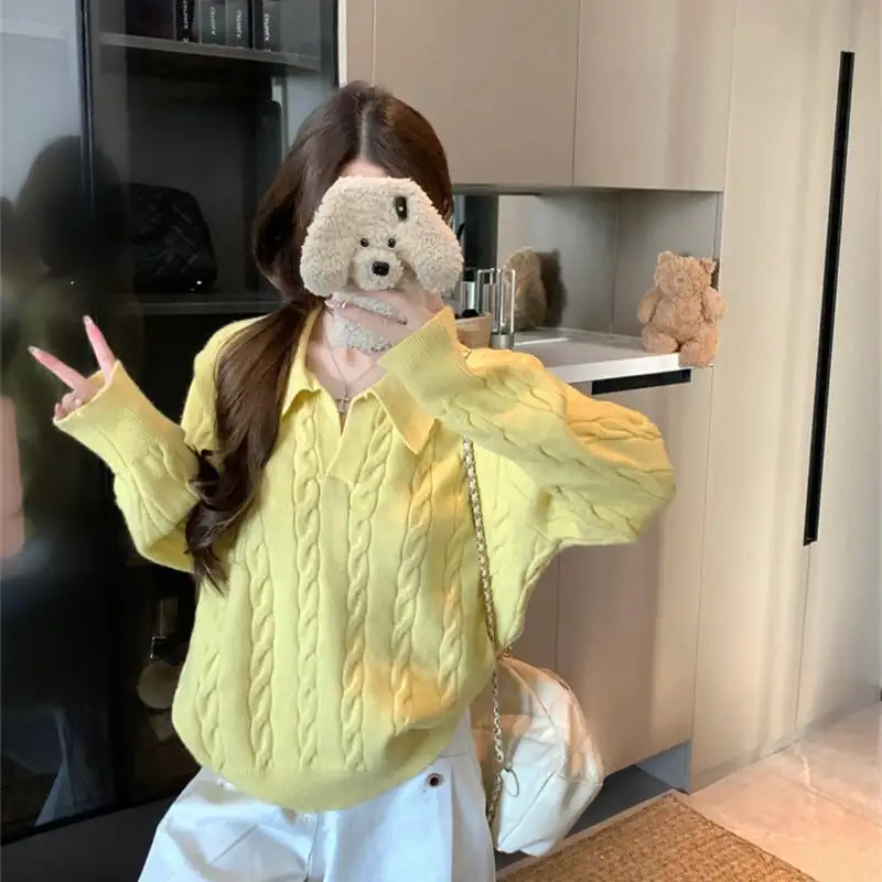 トップス セーター POLOネック ゆったり ケーブルニット