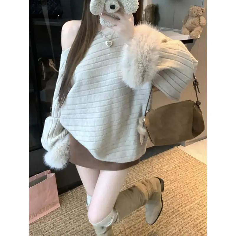 トップス ニットセーター オフショルダーダークグレー ライトブラウン