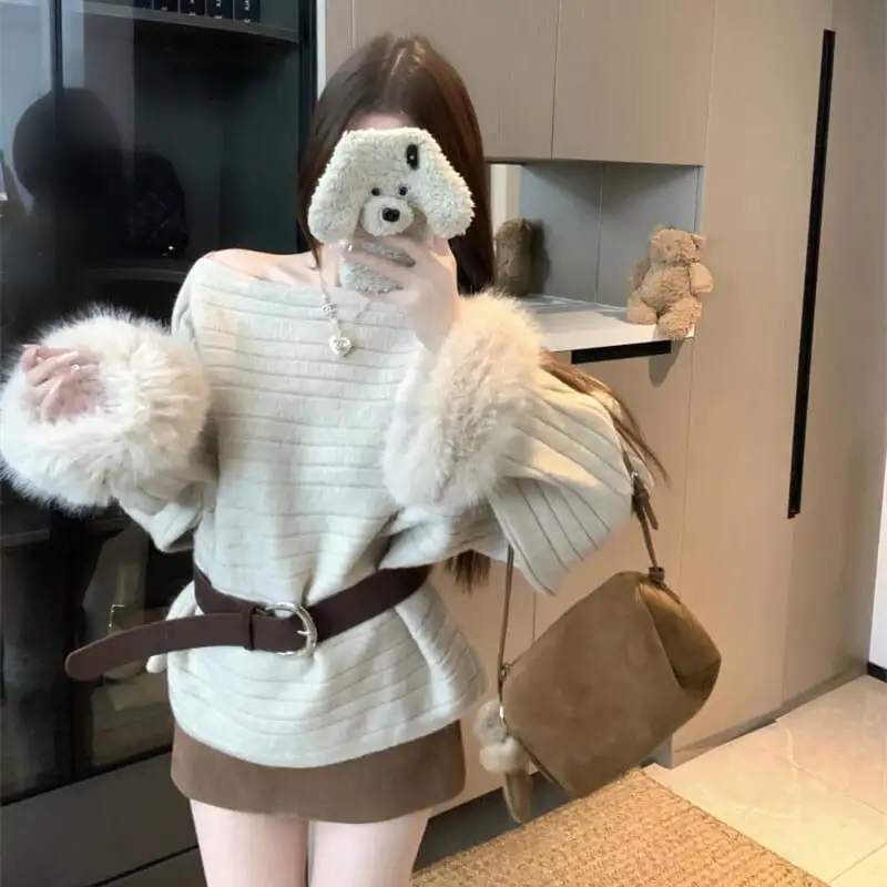 トップス ニットセーター オフショルダーダークグレー ライトブラウン