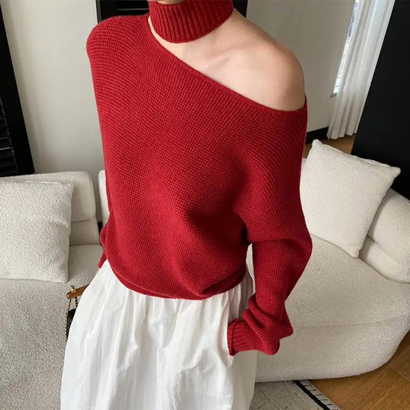 トップス ニットセーター ネックウォーマー付き オフショルダー レッド