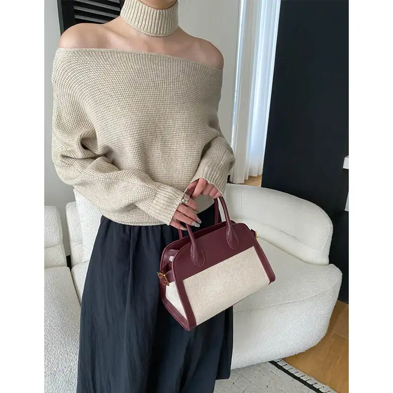 トップス ニットセーター ネックウォーマー付き オフショルダー レッド