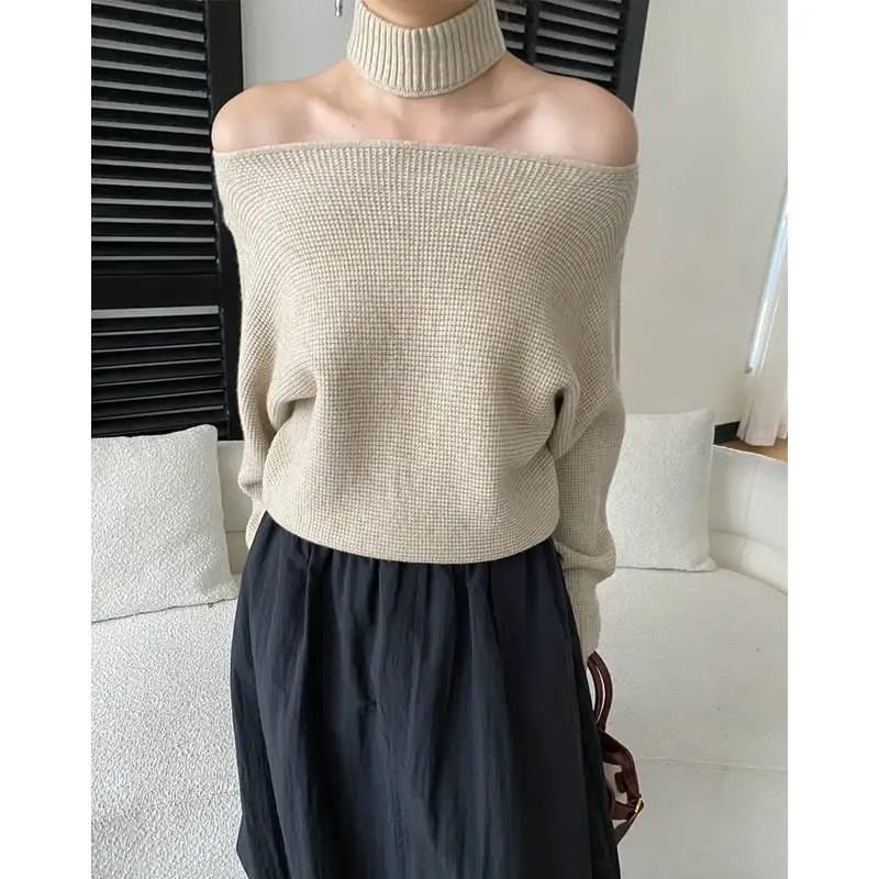 トップス ニットセーター ネックウォーマー付き オフショルダー レッド