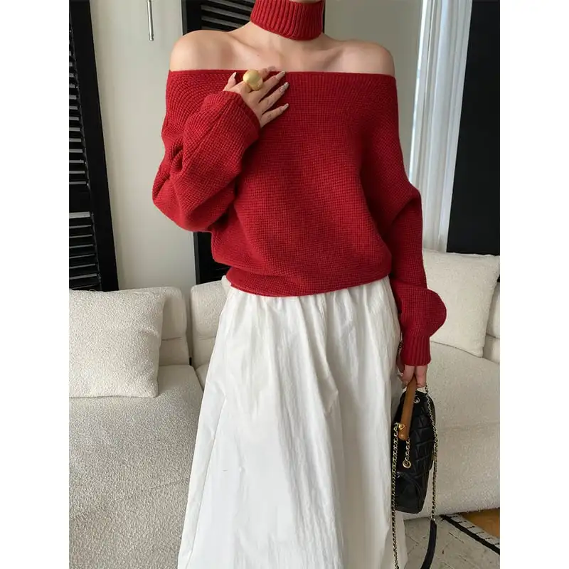トップス ニットセーター ネックウォーマー付き オフショルダー レッド