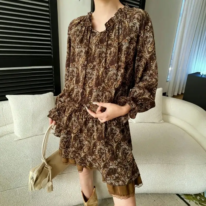 ワンピース プリント ボヘミアン コーヒー色