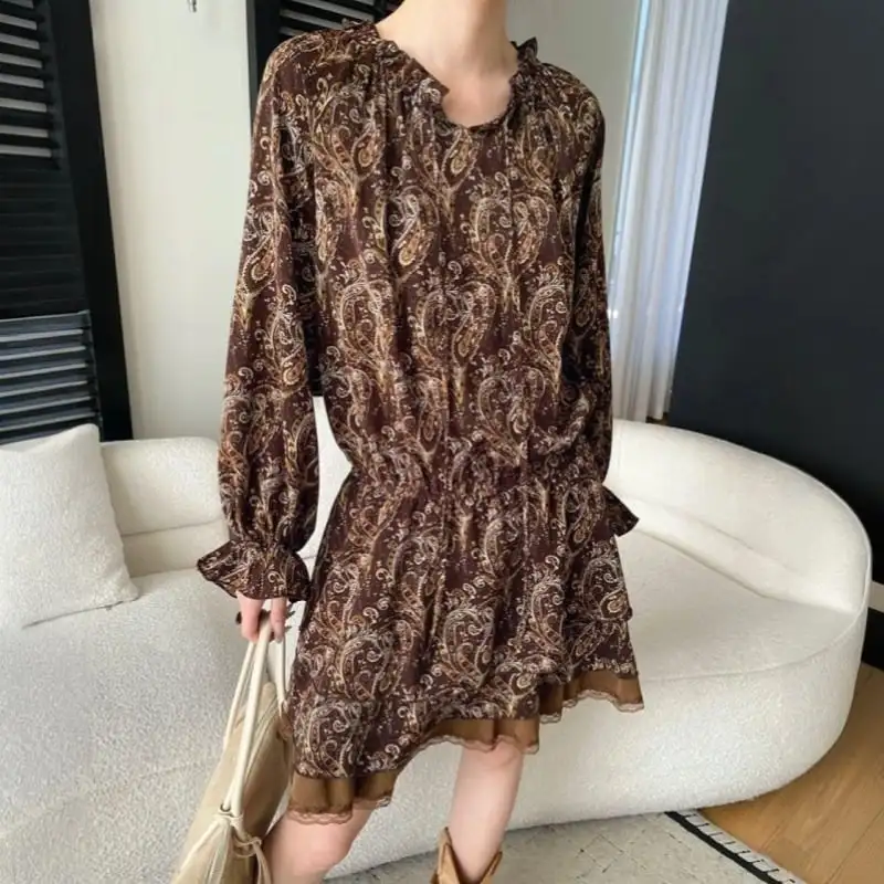 ワンピース プリント ボヘミアン コーヒー色