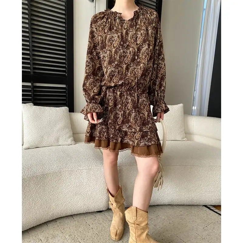 ワンピース プリント ボヘミアン コーヒー色