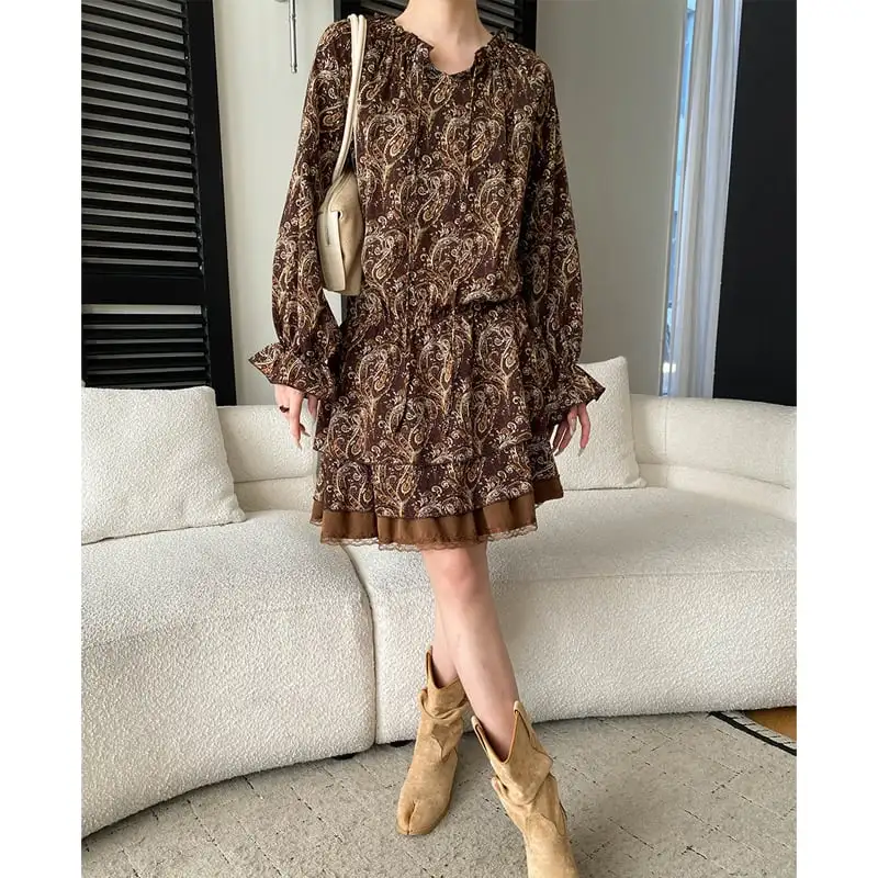 ワンピース プリント ボヘミアン コーヒー色