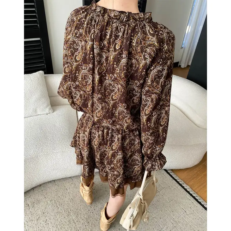 ワンピース プリント ボヘミアン コーヒー色