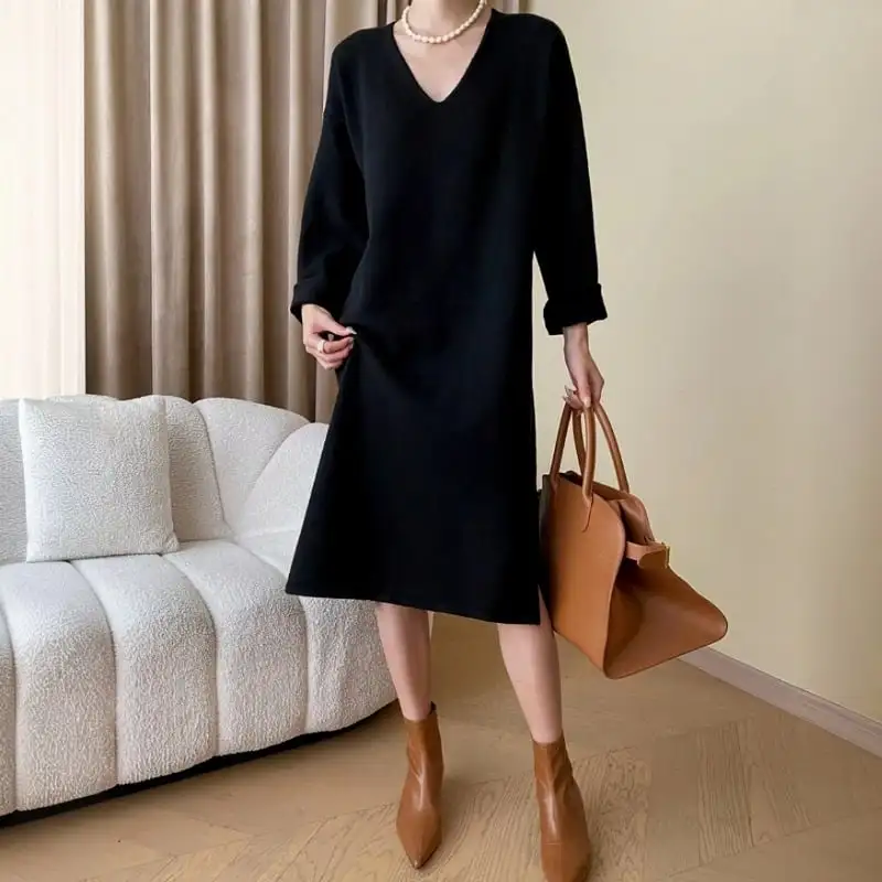 2colors ワンピース ニット Vネック 無地 ゆったり ブラック ダークベージュ
