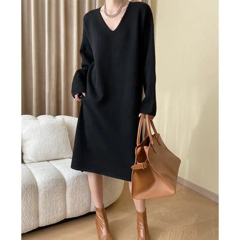 2colors ワンピース ニット Vネック 無地 ゆったり ブラック ダークベージュ