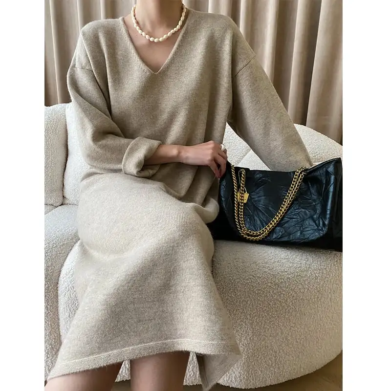 2colors ワンピース ニット Vネック 無地 ゆったり ブラック ダークベージュ