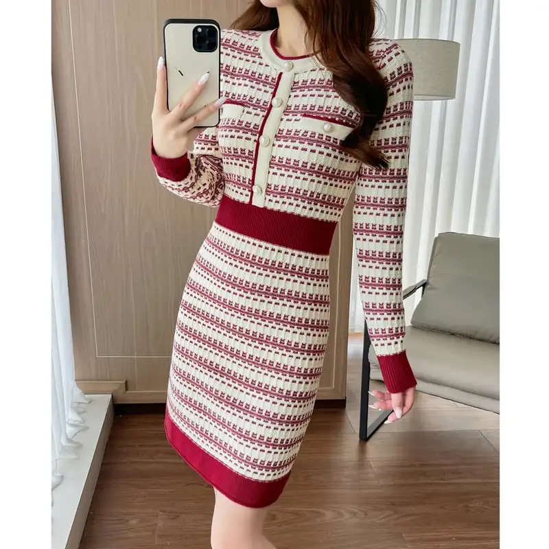 ワンピース ニット ラウンドネック ハイウエスト 配色 レッド