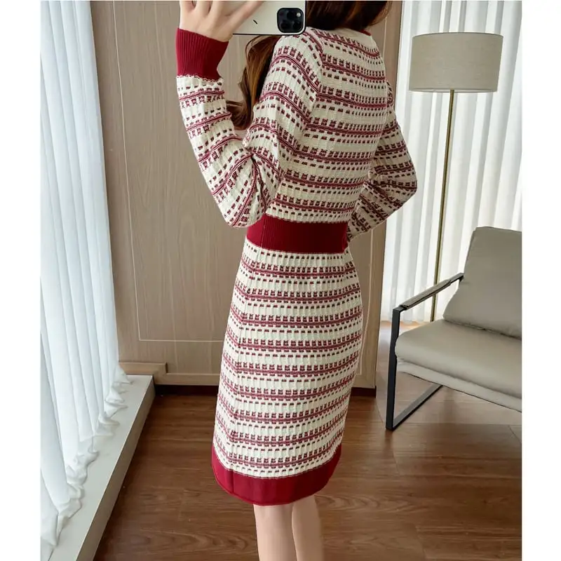 ワンピース ニット ラウンドネック ハイウエスト 配色 レッド