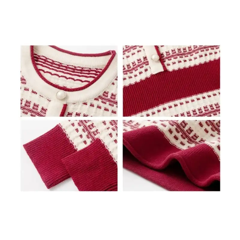 ワンピース ニット ラウンドネック ハイウエスト 配色 レッド