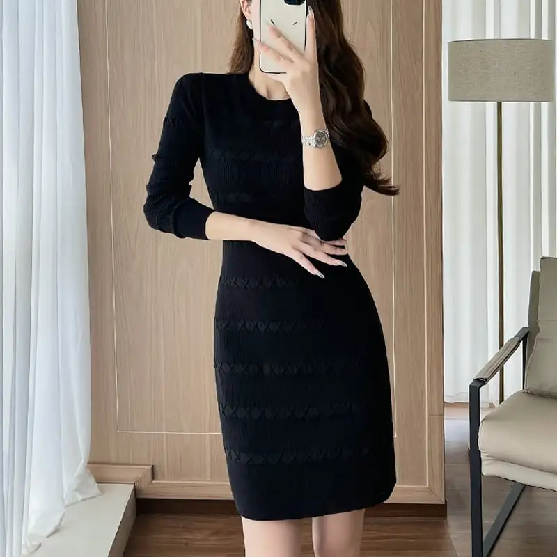 ワンピース ニット ラウンドネック フェミニン ブラック