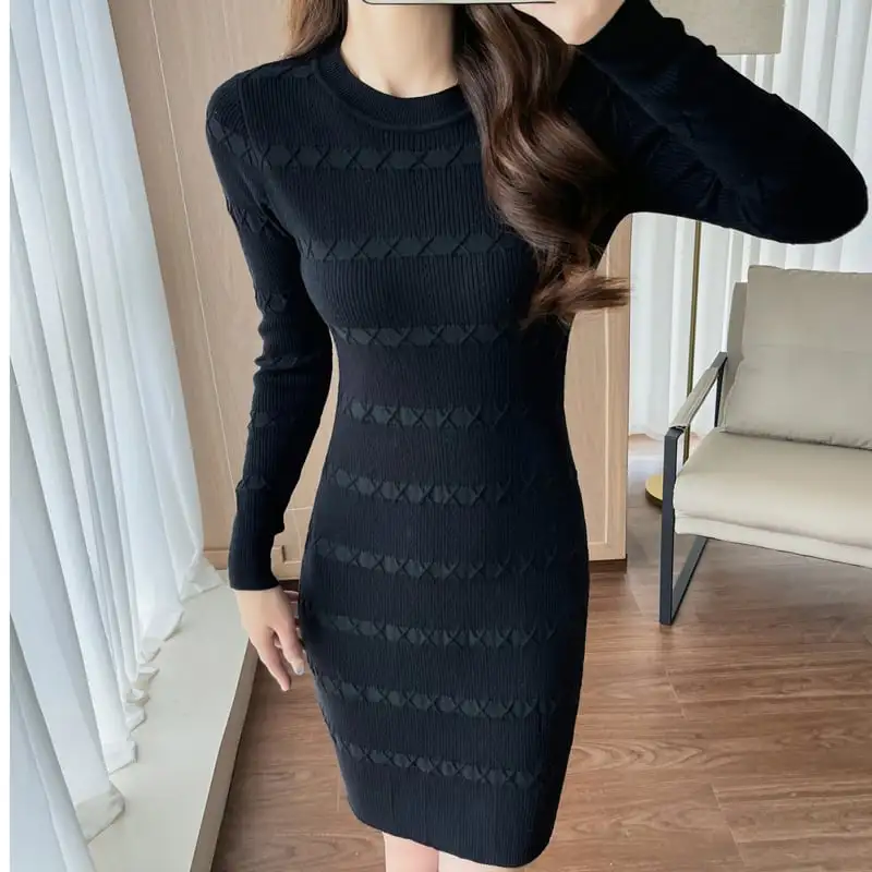 ワンピース ニット ラウンドネック フェミニン ブラック