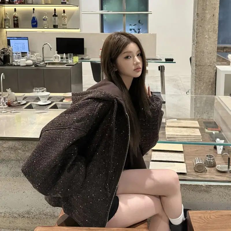 アウター ジップパーカー ツイード ゆったり 流行兆し コーヒー色