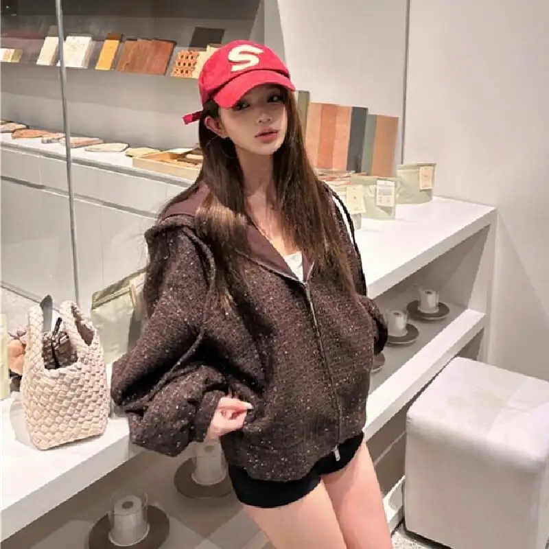 アウター ジップパーカー ツイード ゆったり 流行兆し コーヒー色