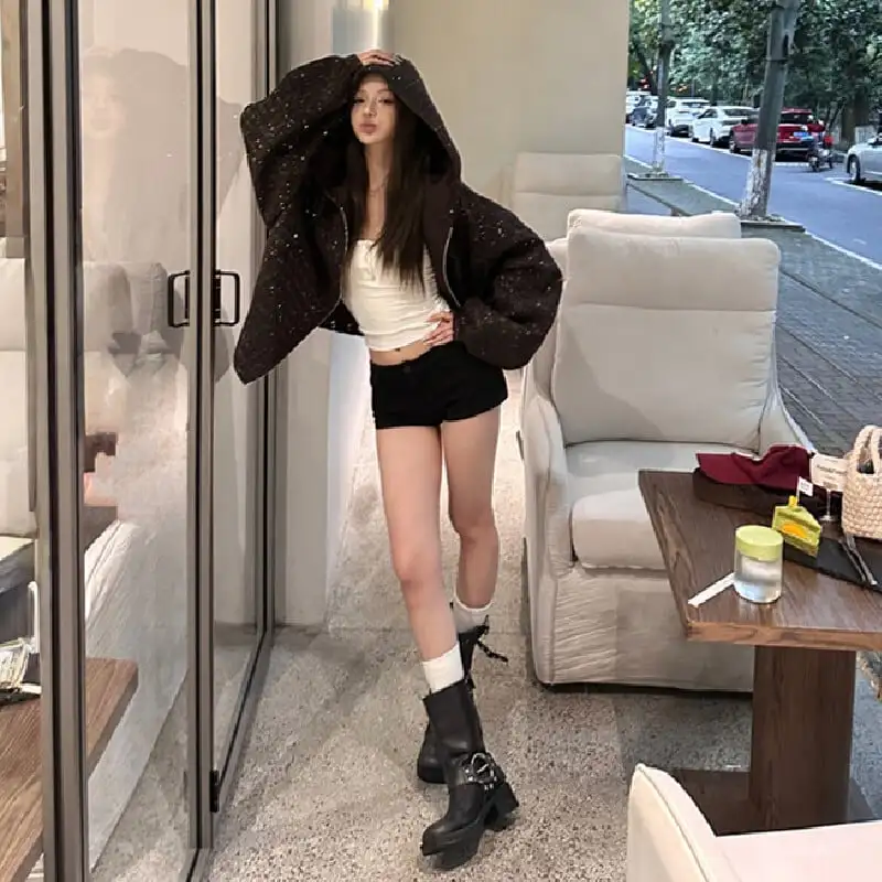 アウター ジップパーカー ツイード ゆったり 流行兆し コーヒー色