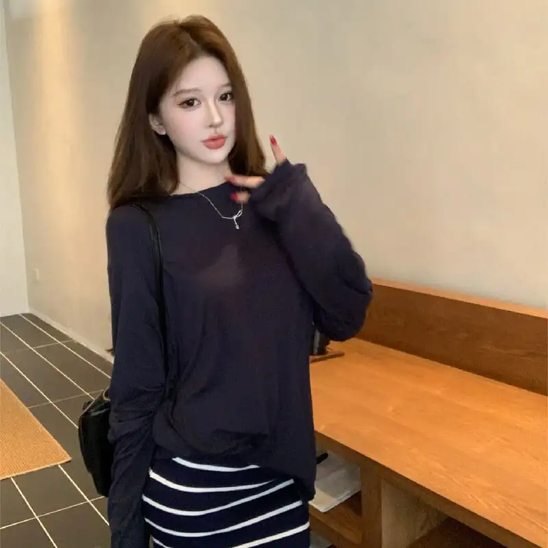 セットアップ 無地 長袖 Tシャツ+ストライプ柄 スカート ダークブルー