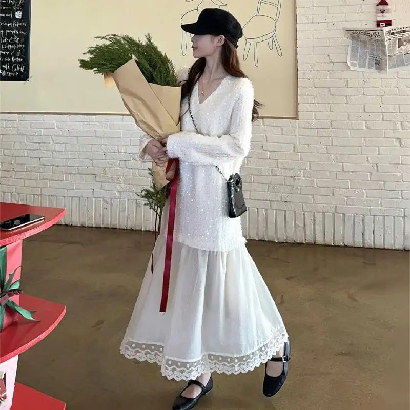 ワンピース スパンコール Vネック 長袖 ゆったり ライトベージュ