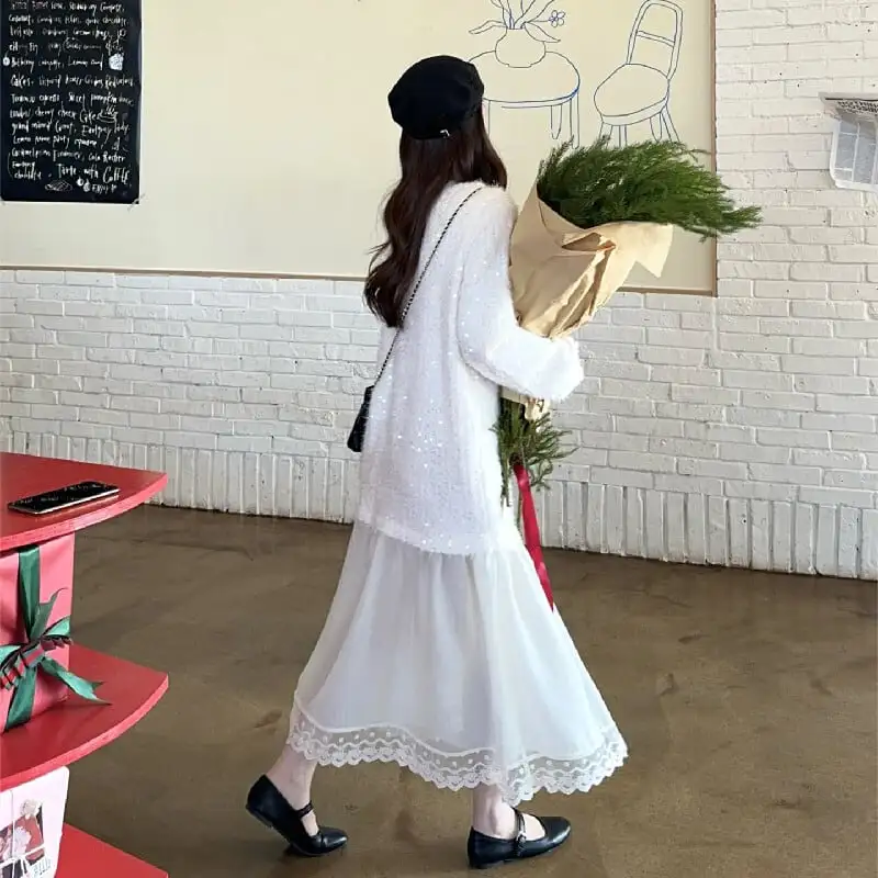 ワンピース スパンコール Vネック 長袖 ゆったり ライトベージュ