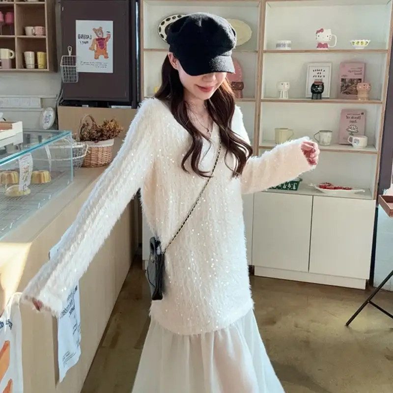 ワンピース スパンコール Vネック 長袖 ゆったり ライトベージュ