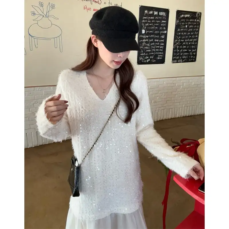 ワンピース スパンコール Vネック 長袖 ゆったり ライトベージュ