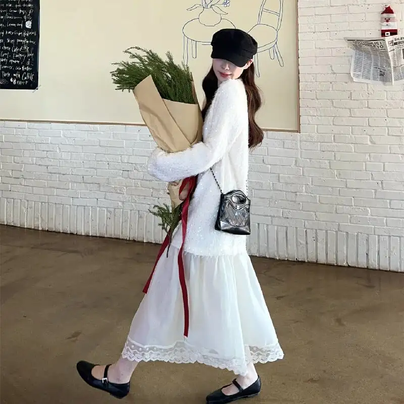 ワンピース スパンコール Vネック 長袖 ゆったり ライトベージュ