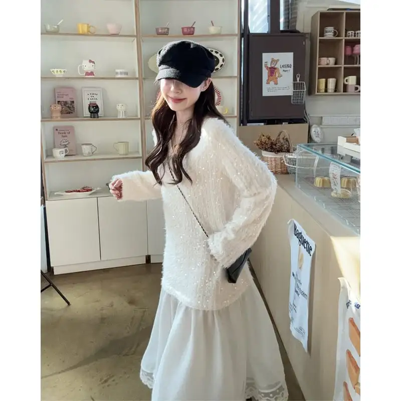 ワンピース スパンコール Vネック 長袖 ゆったり ライトベージュ