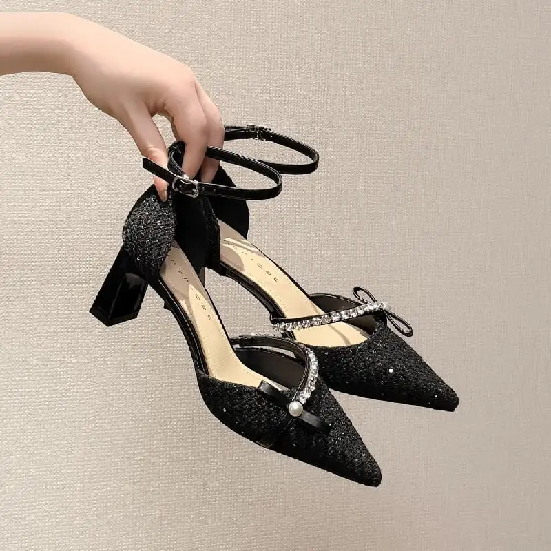 シューズ パンプス ツイード  ローヒール ブラック ライトブラウン 6CM