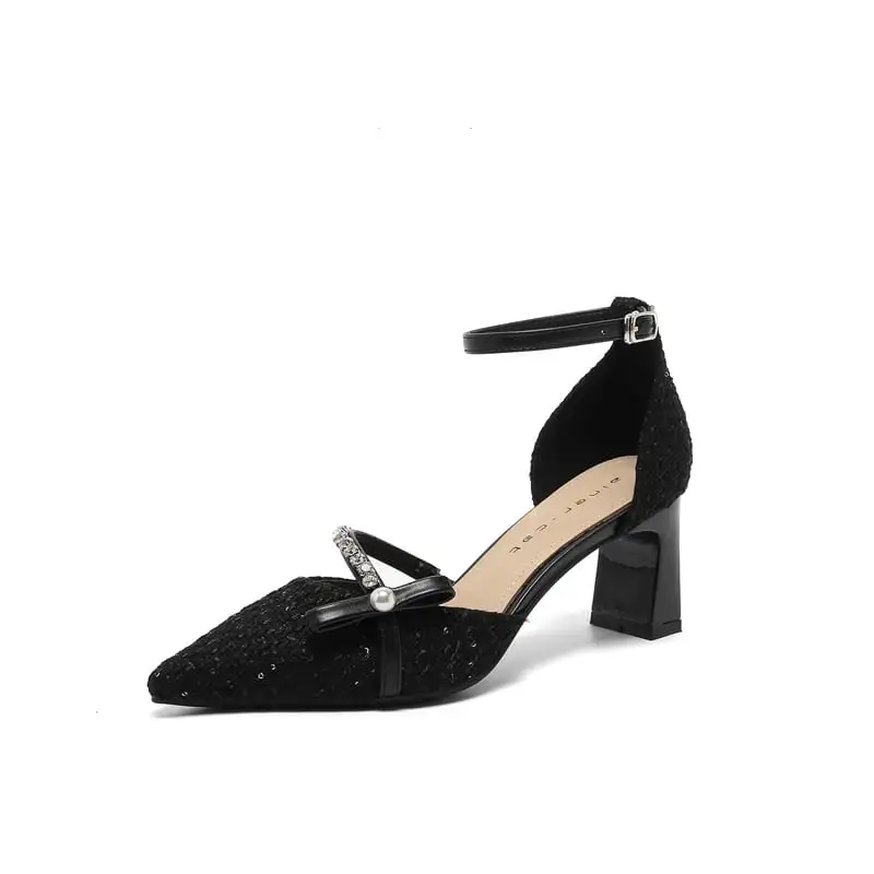 シューズ パンプス ツイード  ローヒール ブラック ライトブラウン 6CM