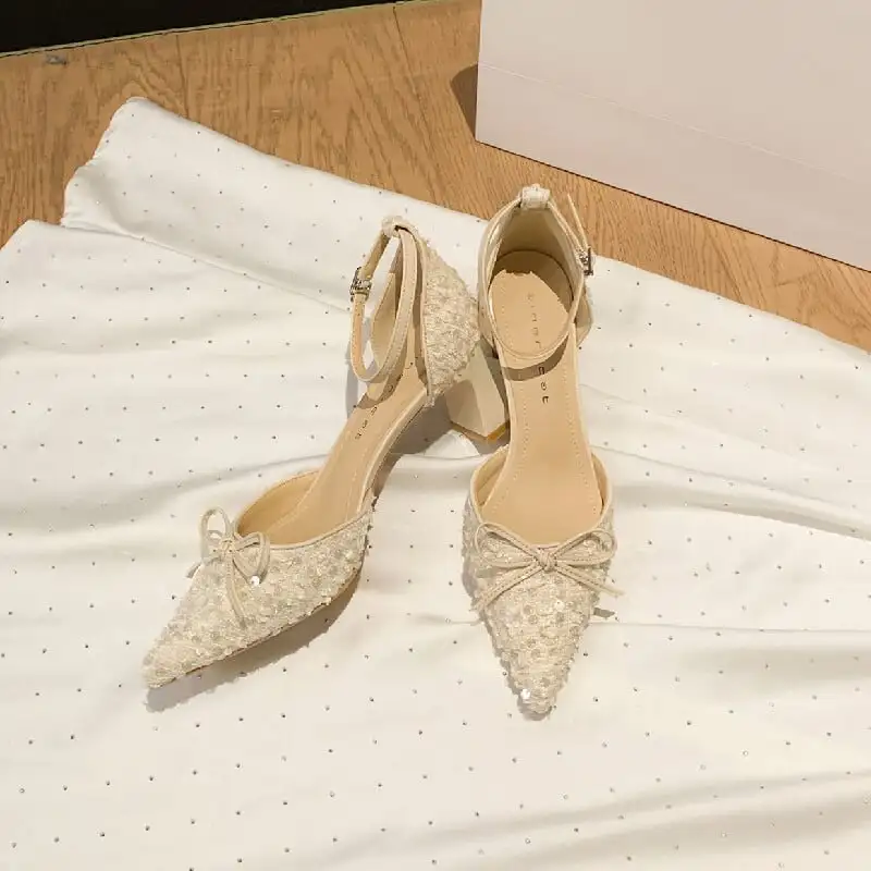 2colors シューズ パンプス スパンコール ローヒール グレー ベージュ 6CM