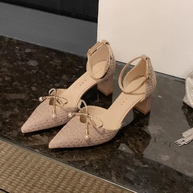 シューズ パンプス ツイード ストラップ＆蝶リボン ローヒール ブラック ライトブラウン 6CM