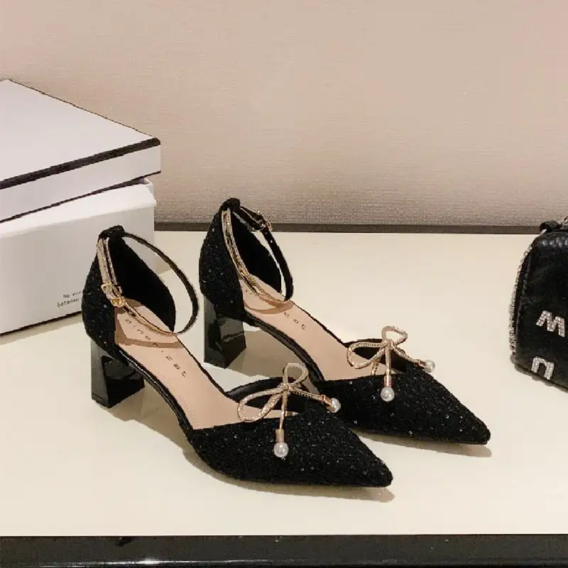 シューズ パンプス ツイード ストラップ＆蝶リボン ローヒール ブラック ライトブラウン 6CM