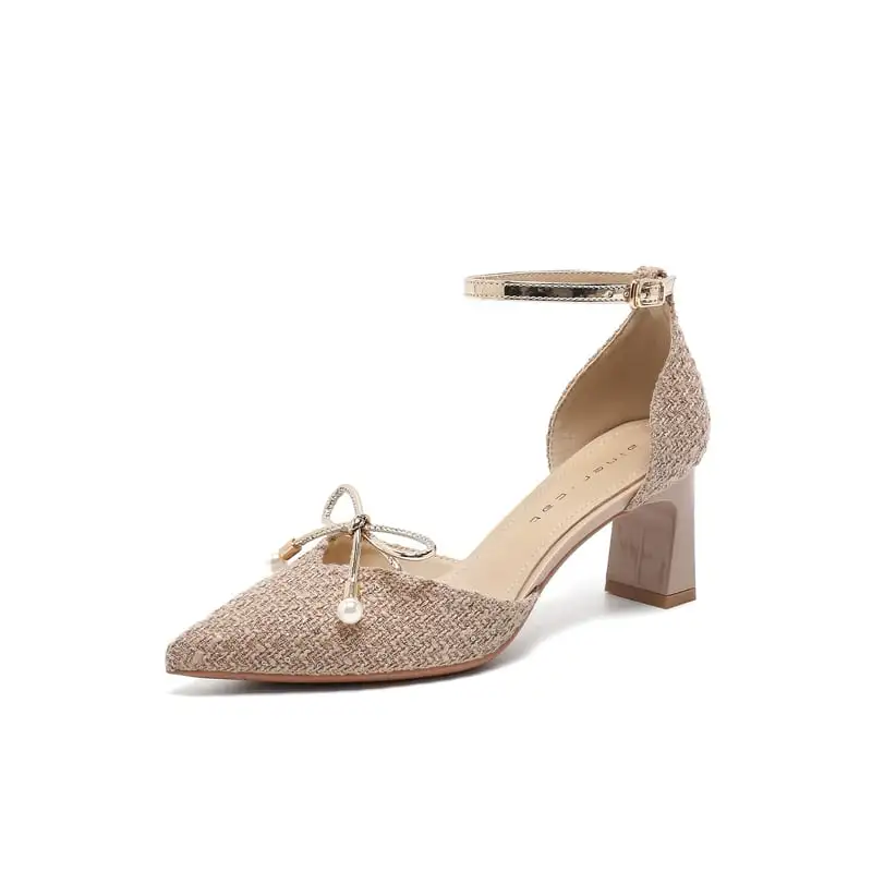 シューズ パンプス ツイード ストラップ＆蝶リボン ローヒール ブラック ライトブラウン 6CM