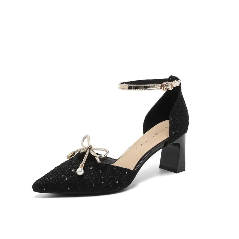 シューズ パンプス ツイード ストラップ＆蝶リボン ローヒール ブラック ライトブラウン 6CM