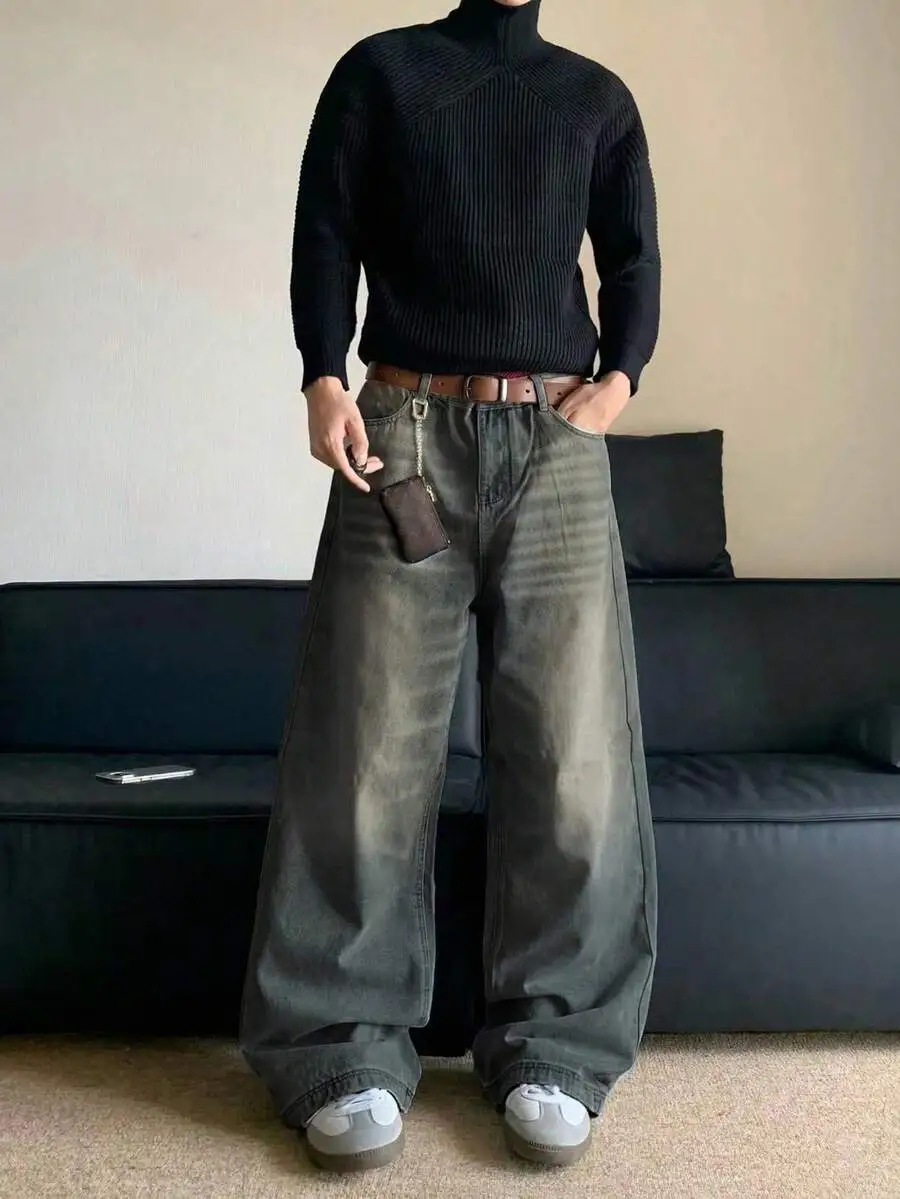 カジュアル ルーズフィット ダメージ加工 ワイドレッグ メンズ デニムジーンズ